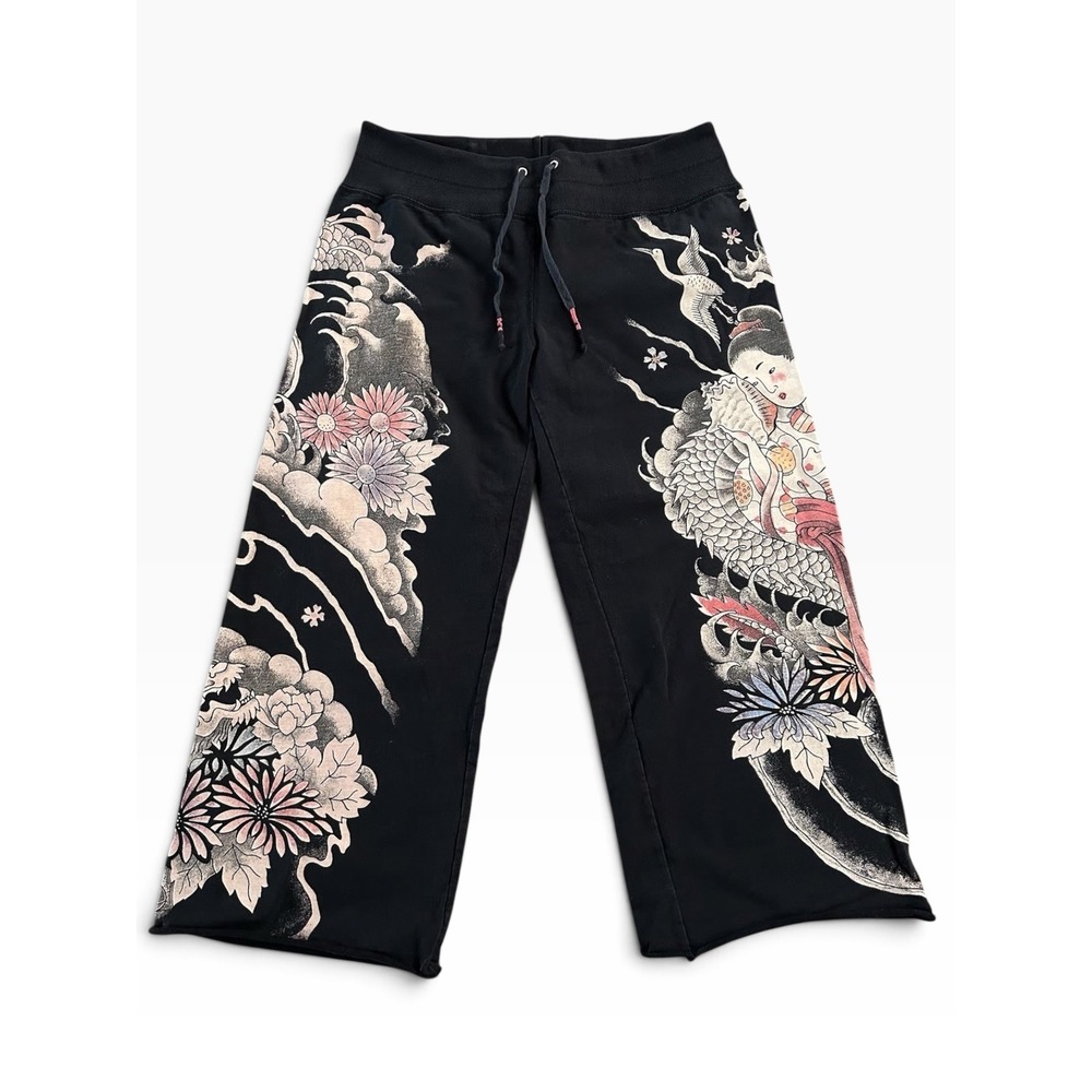 Vintage Y2K Lucky Brand Geisha Japanese Graphic Cropped Sweatpants Small Black